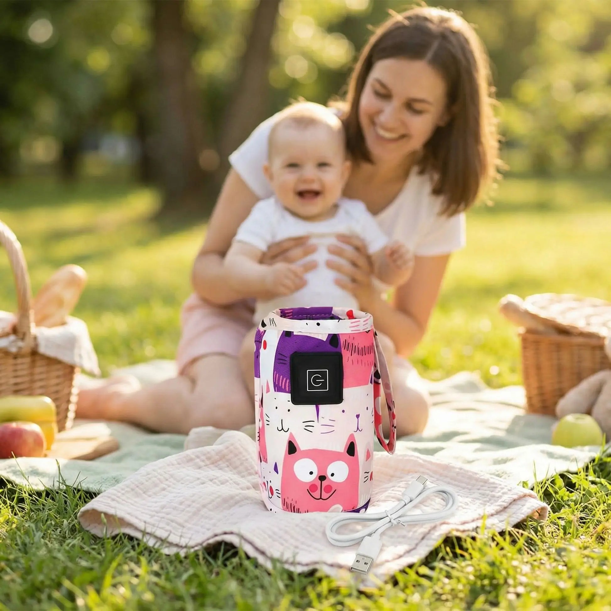 au parc avec maman chauffe biberon portable