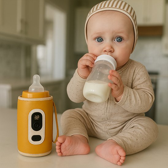 bebe assis avec Chauffe biberon nomade numerique 