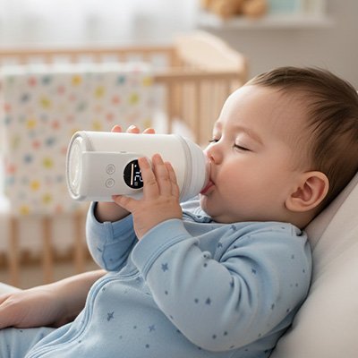 bébé boit son biberon dans Chauffe biberon pratique 