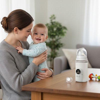 bébé dans bras maman Chauffe biberon sur table