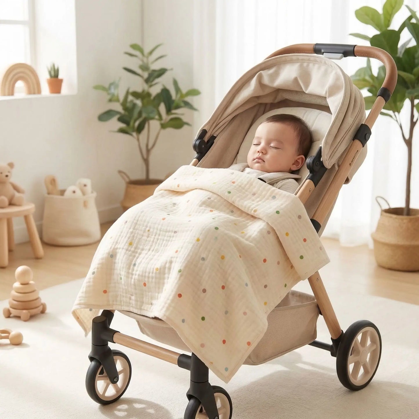 bébé dort sous couverture bebe sur poussette