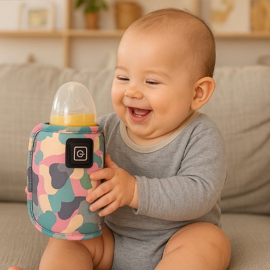 bebe tient son Chauffe biberon portable 