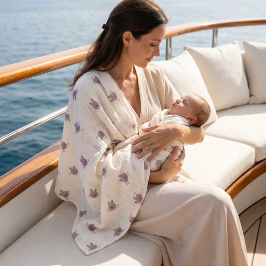 câlin avec maman avec couverture bebe sur bateau