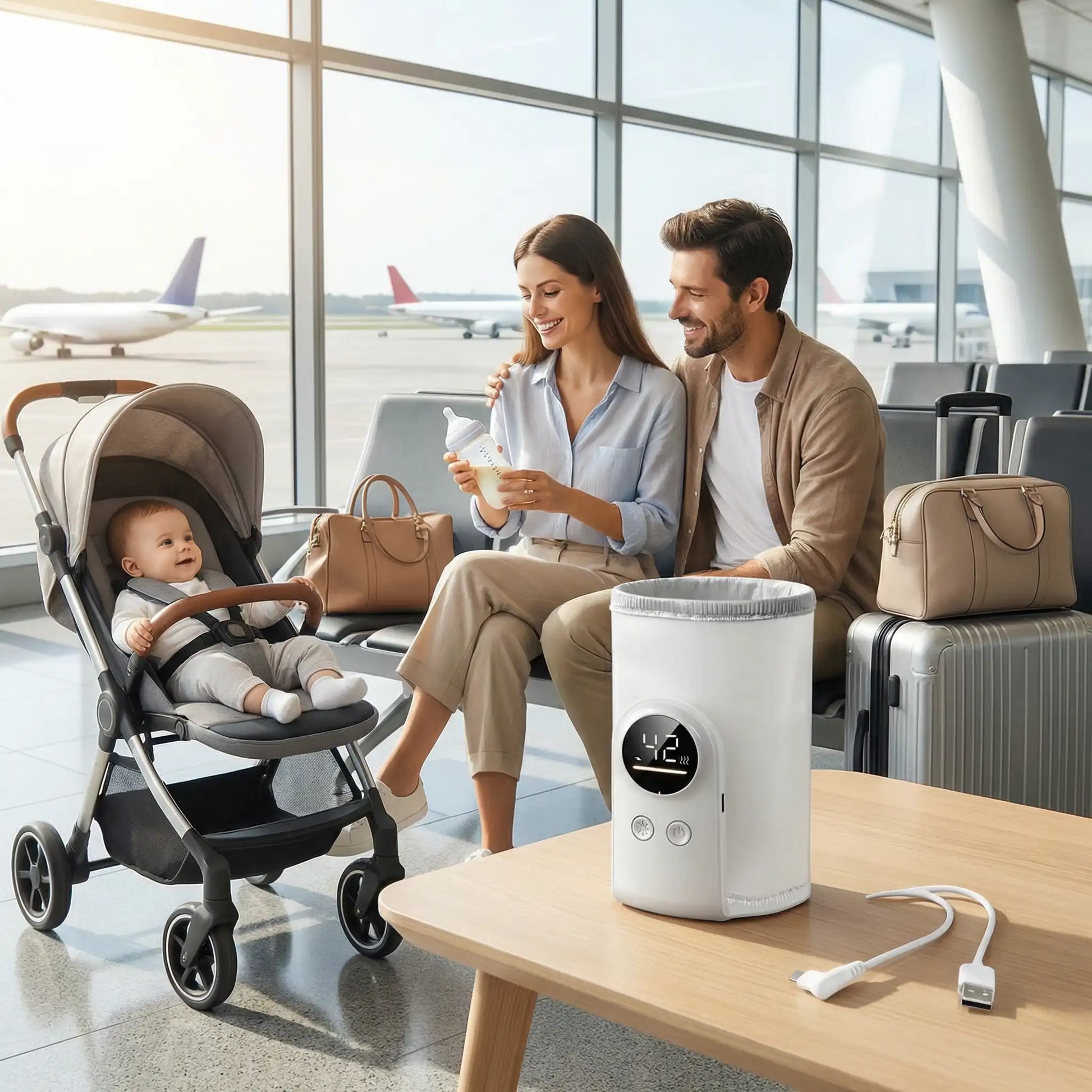 chauffe biberon nomade portable famille à l'aéroport