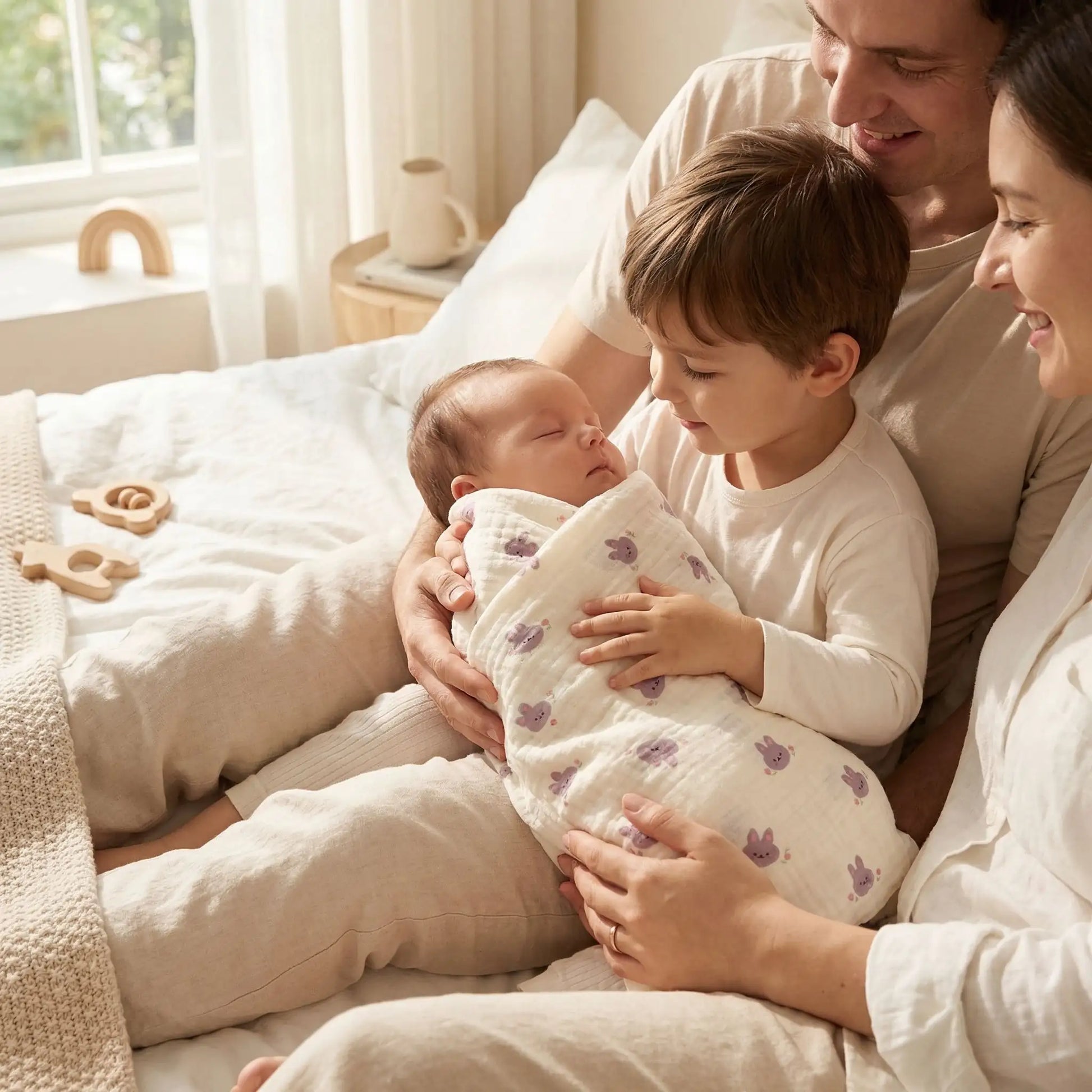 grand frère qui berce bébé dans couverture bebe