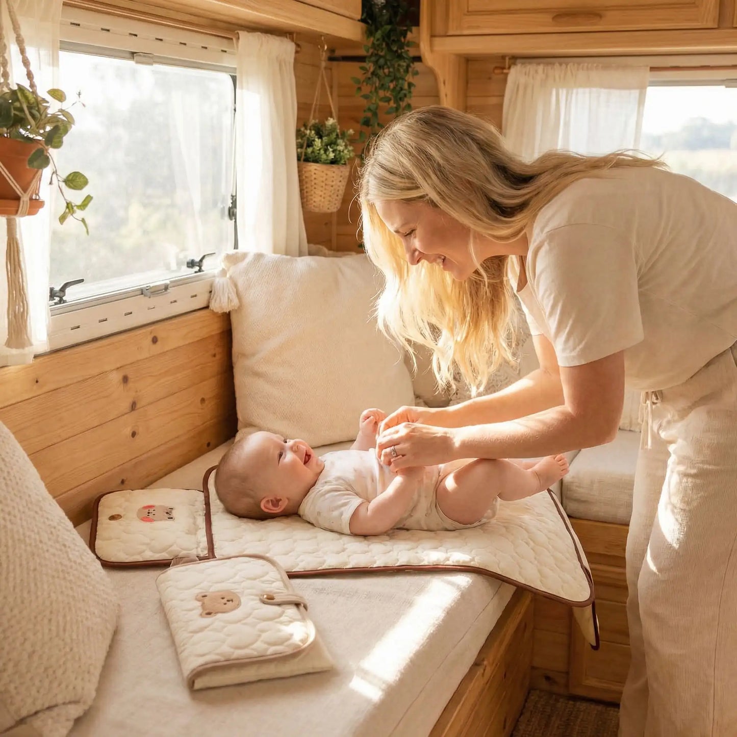 maman change bébé avec Matelas à langer nomades pliable compact 
