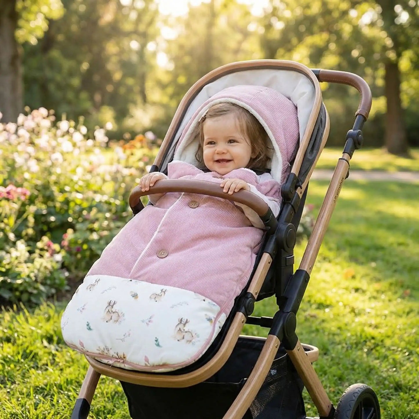 fillette dans poussette nid d ange velours polaire  rose