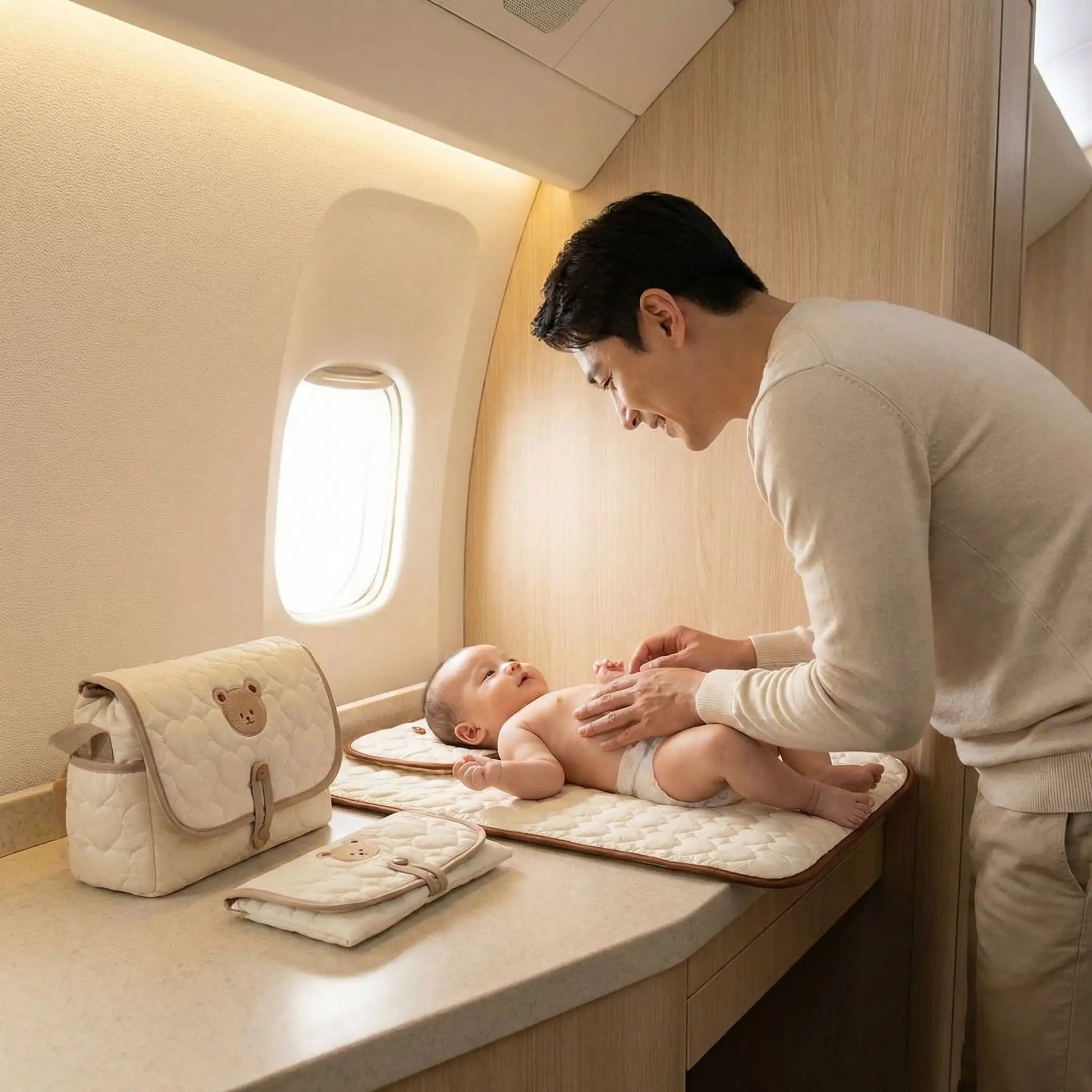 papa change bébé dans avion avec Matelas à langer nomades 