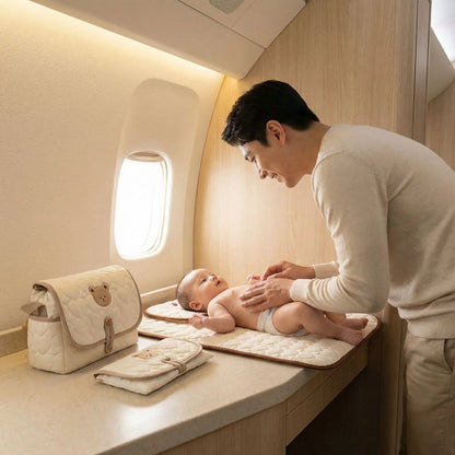 papa change bébé dans avion avec Matelas à langer nomades 
