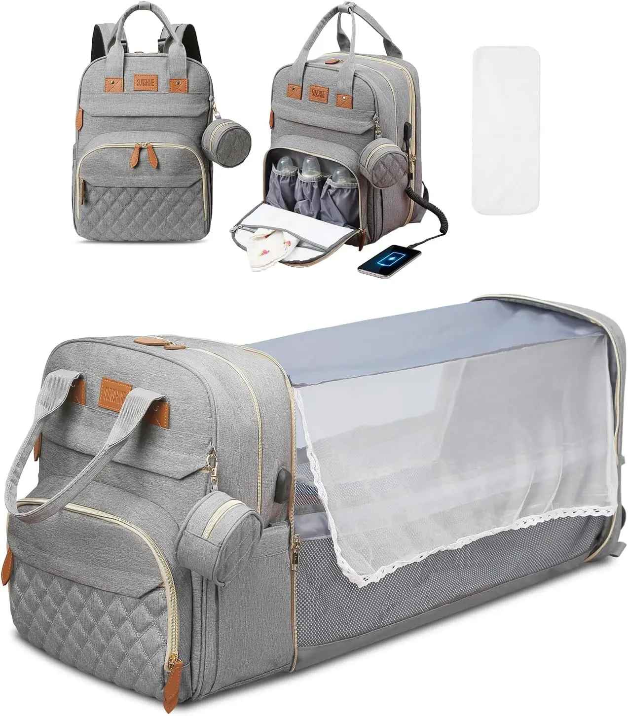 sac à dos à langer 3en1 convertible lit gris